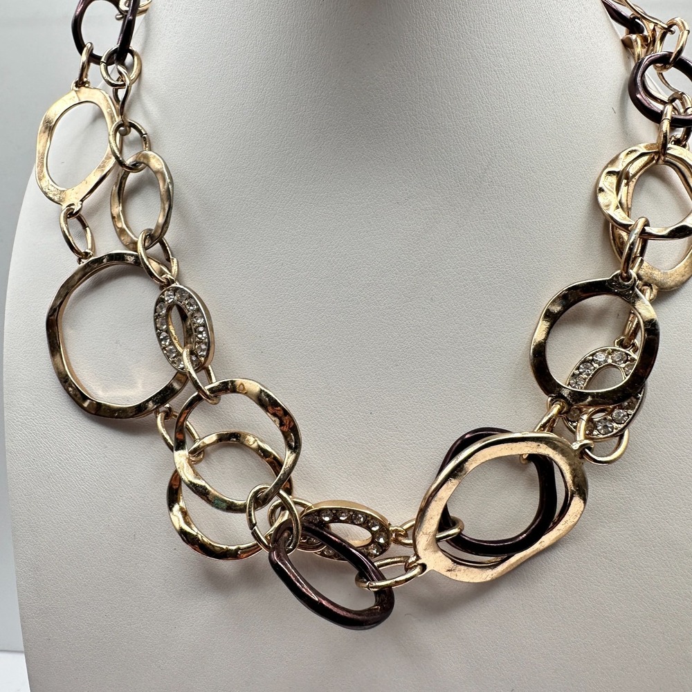 Vintage 80s Chunky Multi-Tone Hammered Link Statement Choker Necklace Jewelry